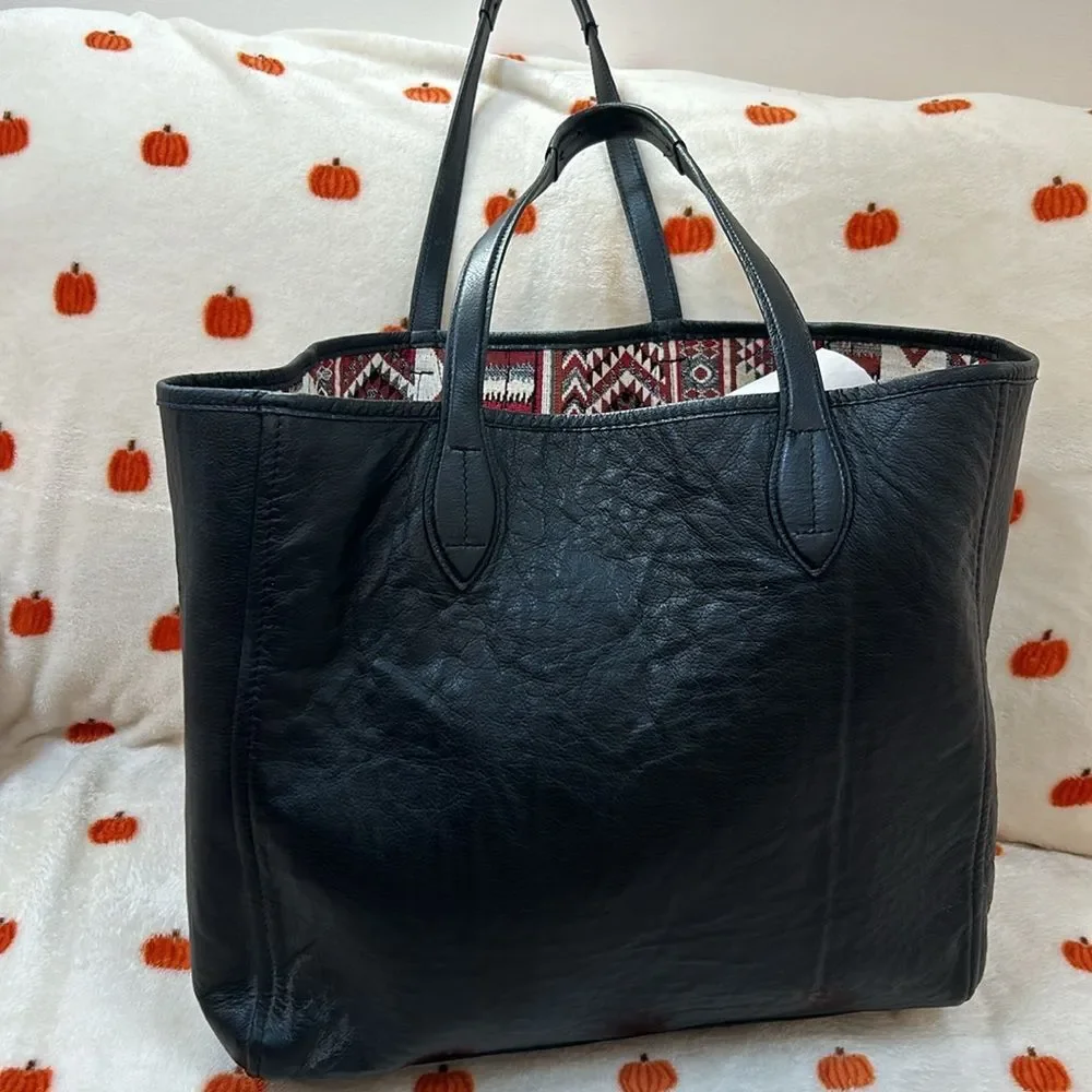 Hobo Tote Shoulder Bag Black Leather Aztec Tribal Fabric Lined Reversible